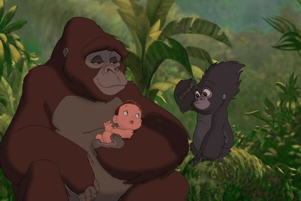 Cadre du dessin animé «Tarzan avec un bébé et deux gorilles