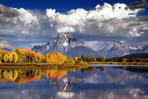 Reflection of clouds, mountain peaks and trees in the surface of the lake on a windless day