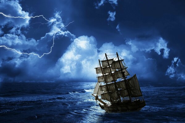 Abstraction and graphics. Storm. A ship in the middle of the ocean