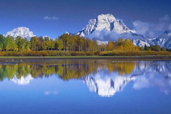 La superficie a specchio del lago riflette il cielo, le cime delle montagne e gli alberi