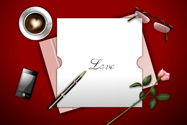 An illustration with the inscription love, a rose and a cup of coffee