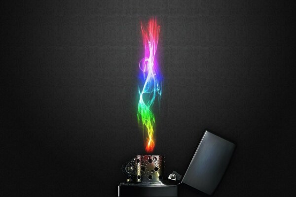 Flamme d un briquet peint dans des couleurs arc-en-ciel. sur fond gris