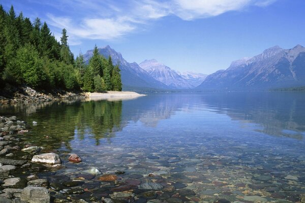 Transparent lake on the background of snowy mountains