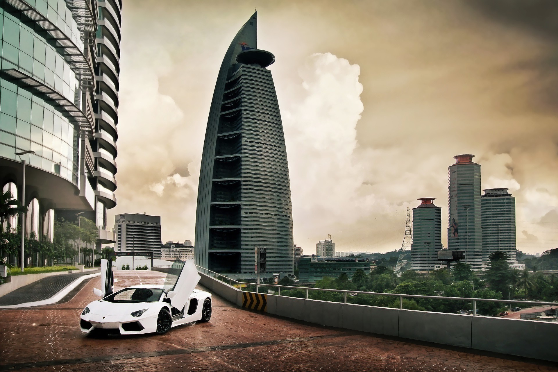 sports cars city architecture skyscraper downtown building skyline cityscape urban office modern sky business travel street finance road tower