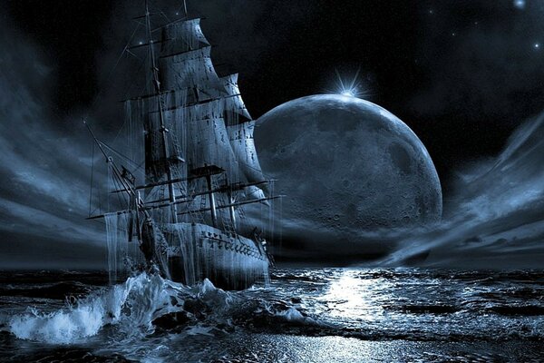 Moon Sailboat Night Fantasy Water Ghost Ship