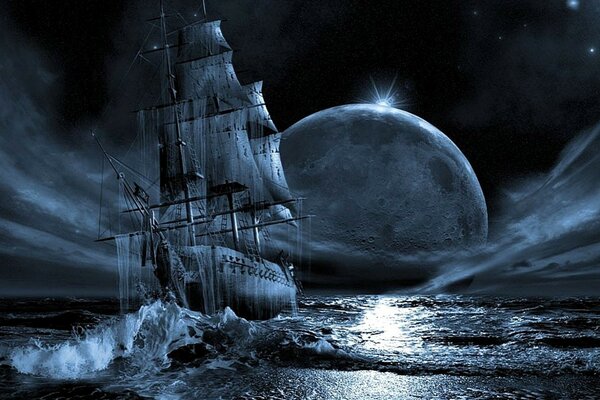 Луна парусник ночь фэнтези вода корабль-призрак