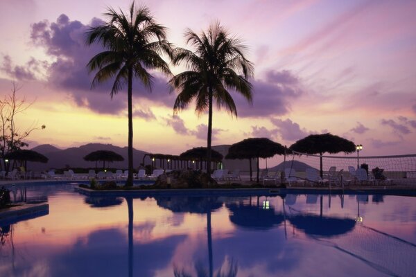 Paisaje con piscina en un complejo tropical