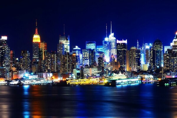 Skyscrapers at night in the center of the metropolis