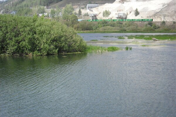 Lake and island. the train passes in the distance