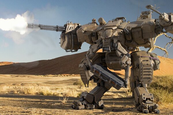 A walking robot armed with machine guns is walking through the desert