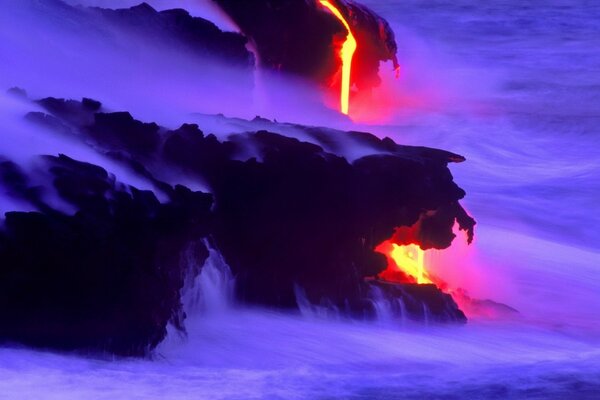 Dangerous Volcano with lava in smoke