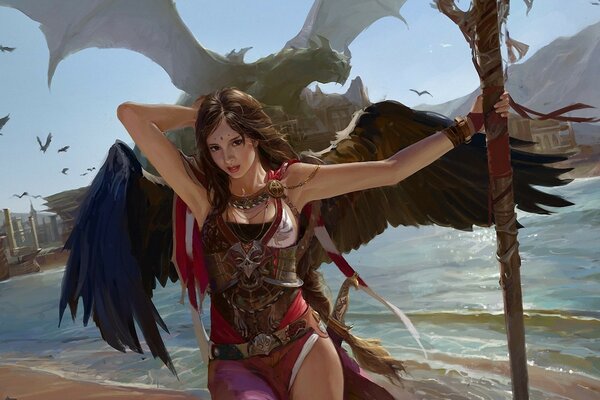 Female warrior on the beach of the sea