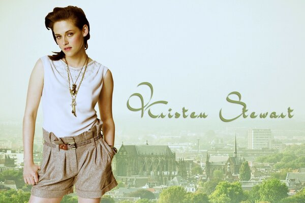 Kristen Start against the background of the city