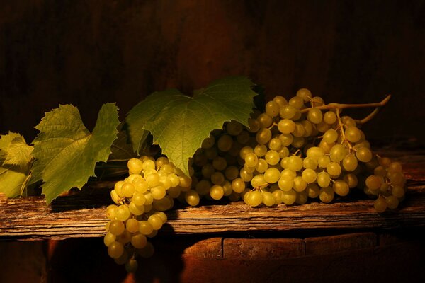 Still life of white grapes lying on a board