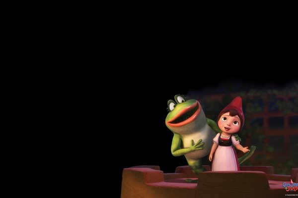 Fille et grenouille sur fond noir