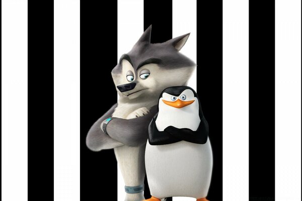 The wolf and the penguin from the funny cartoon Madagascar