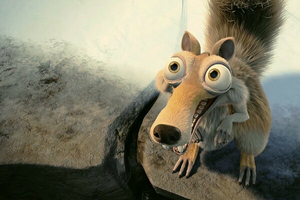 A picture from the ice age cartoon with a squirrel on an ice floe