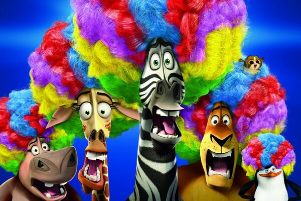 Madagascar. Colored wigs. Cartoon