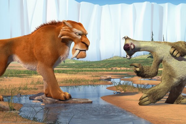 Ice age saber-toothed tiger and sloth on the background of an ice floe