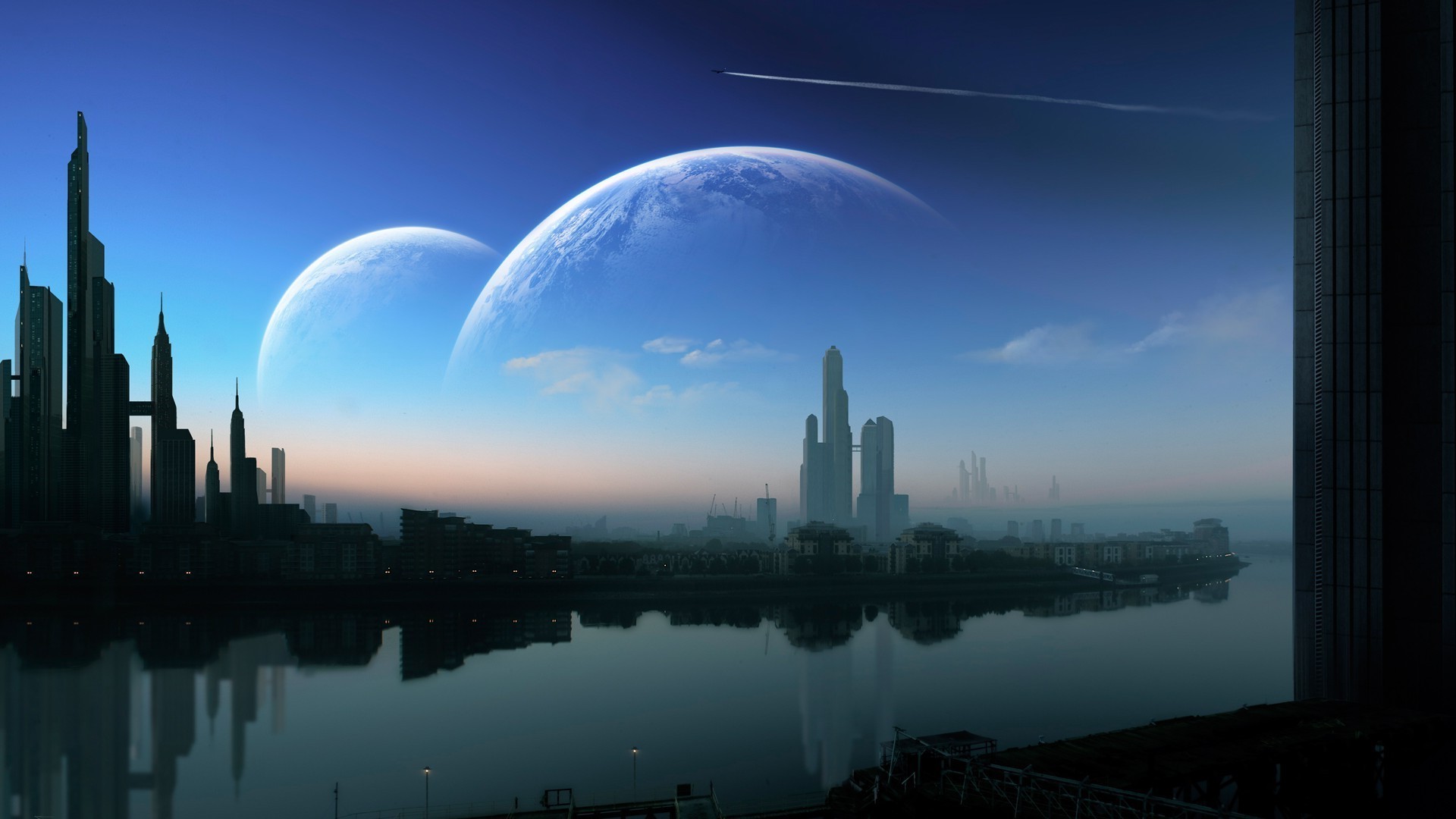 planeten himmel mond stadt architektur reisen dämmerung reflexion skyline sonnenuntergang wasser stadt haus abend licht dämmerung fluss im freien