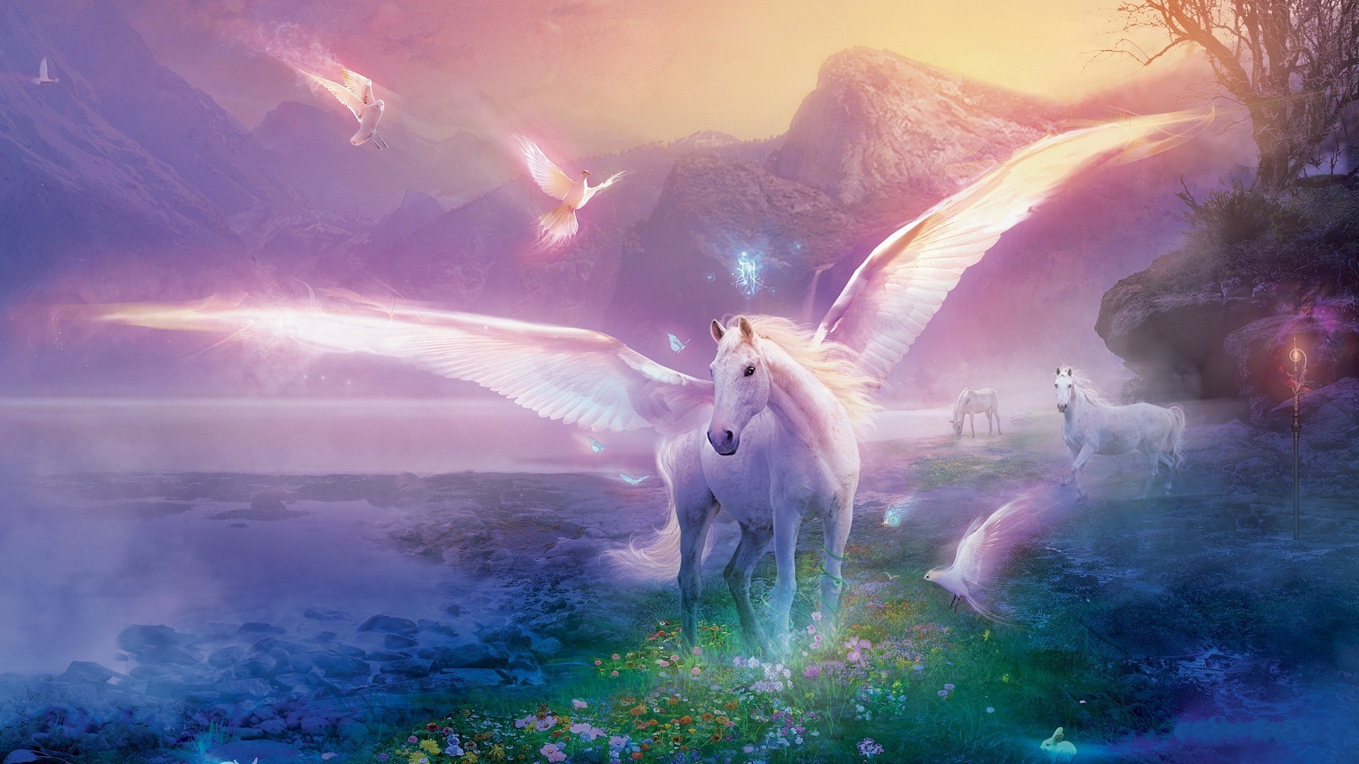 magical animals dawn landscape sunset fantasy nature sky sun water cavalry outdoors illustration magic light