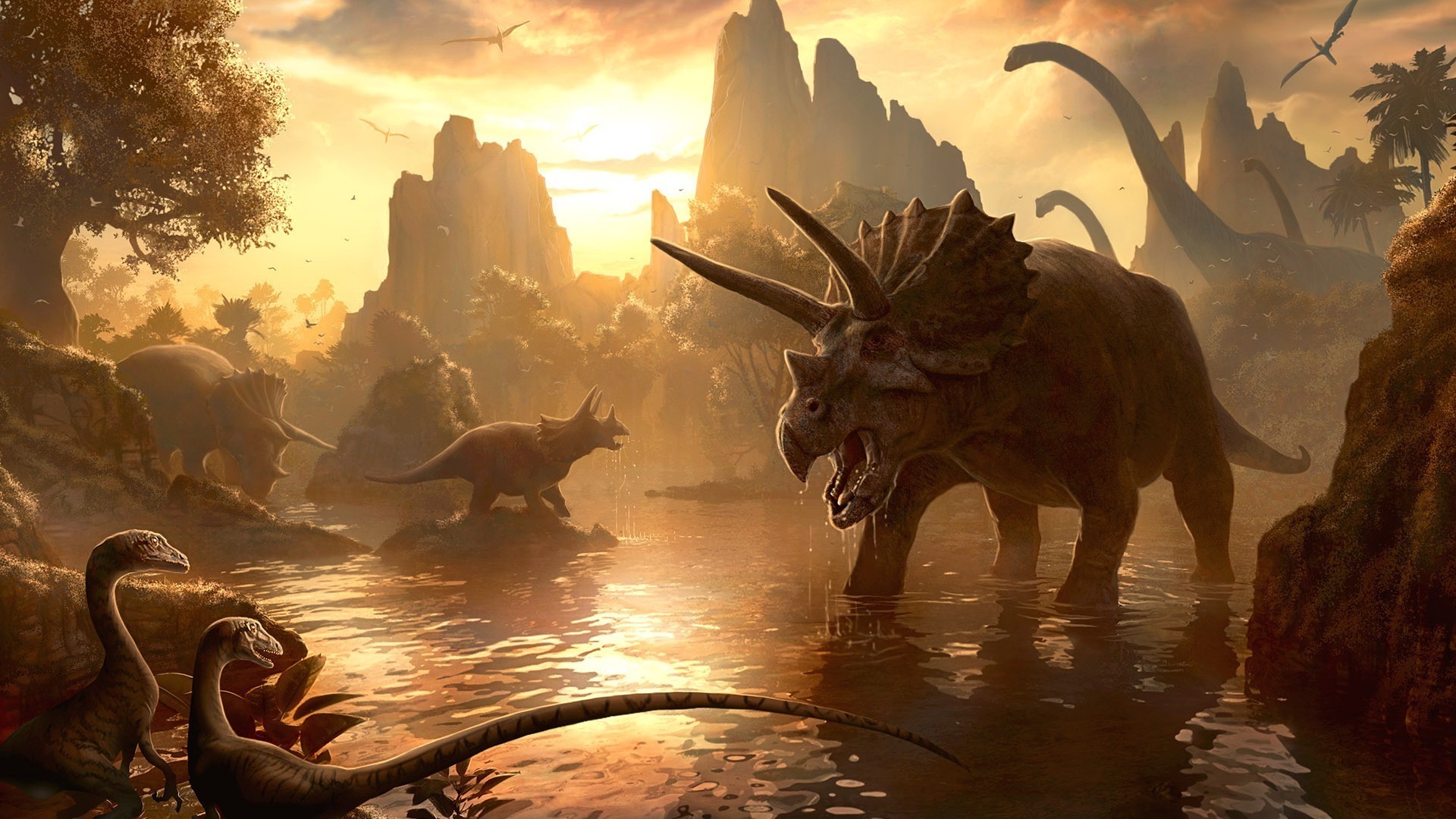 dinosaures eau illustration monstre art coucher de soleil aube mammifère