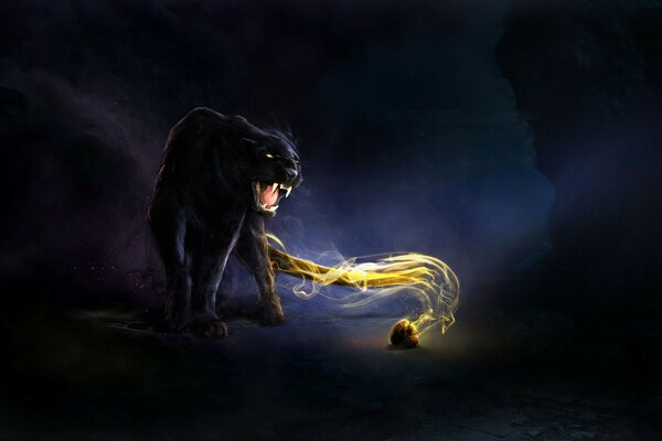 Illustration of a black panther with fire