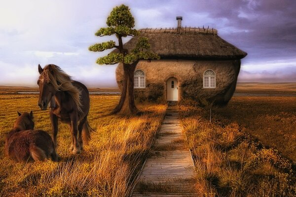 صورة مرسومة. الخيول في البيت الصغير