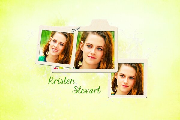 Photos of Kristen Stewart on a green background