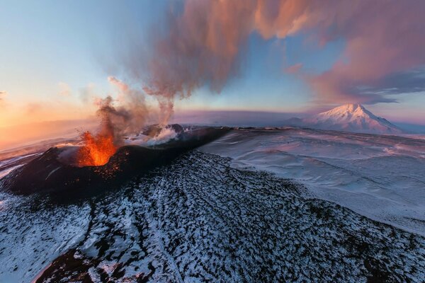 Volcanic eruption at sunset