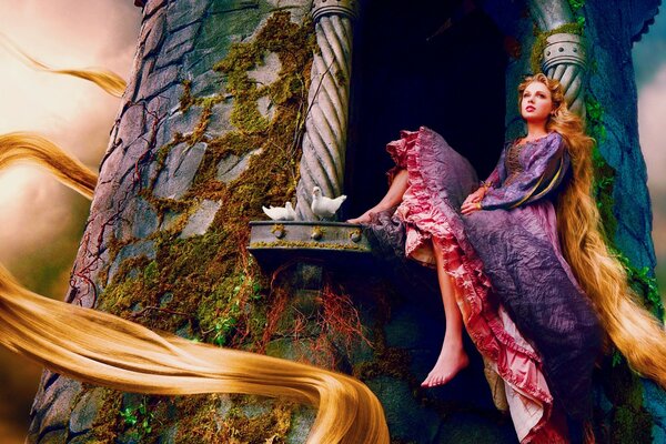 Rapunzel who is sitting in the castle and waiting for her prince