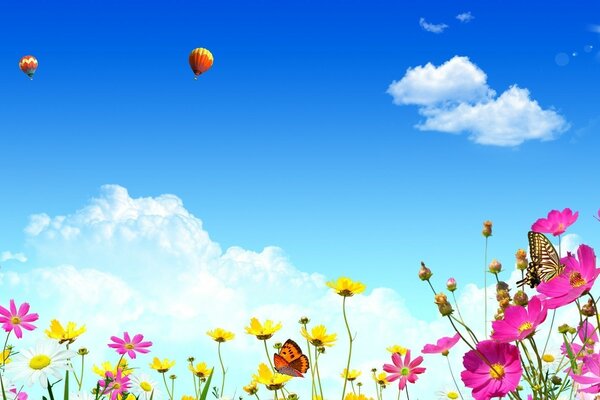 Clareira floral com flores brilhantes e céu azul com balões