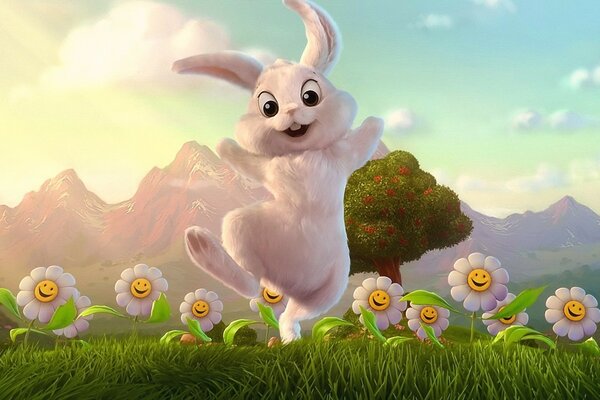 Cartoon rabbit, funny flowers