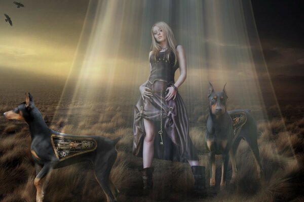 A girl in a field and two futuristic dogs