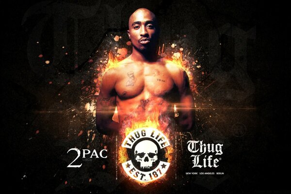 Бас сүйегі бар қара фонда 2Pac рэпері