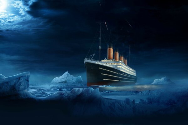 Titanic in the ocean of icebergs at night