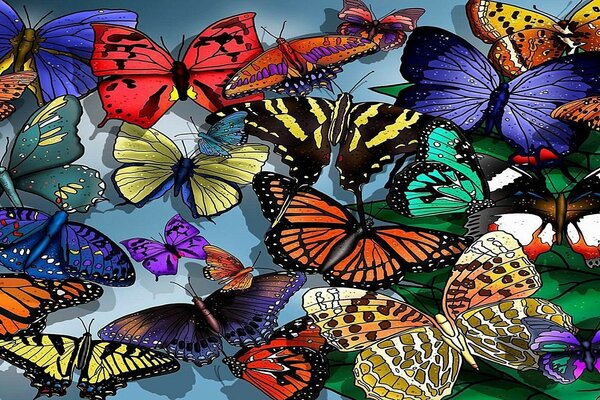 A hand-drawn canvas of bright butterflies