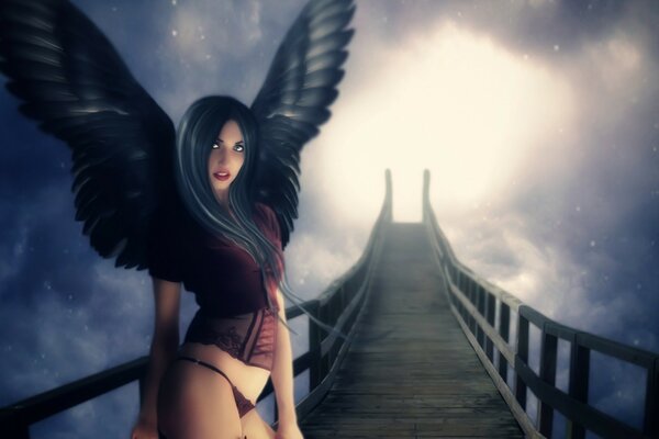 An angel girl stands on a long bridge