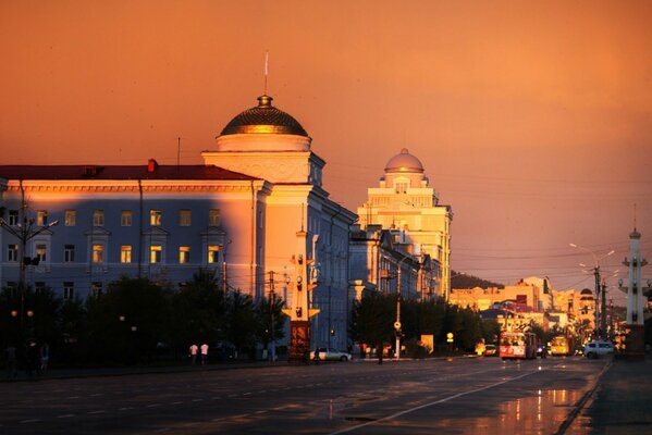 The city on the background of a beautiful sunset