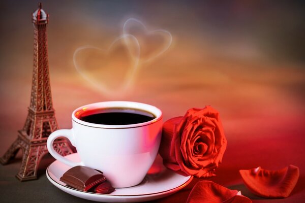 Hot coffee on a romantic background