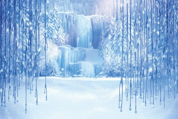 Drawing of a waterfall in winter with icicles