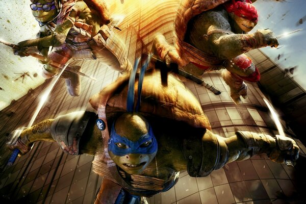 Ninja turtles. The battle on the tower. Swords and victory in battle