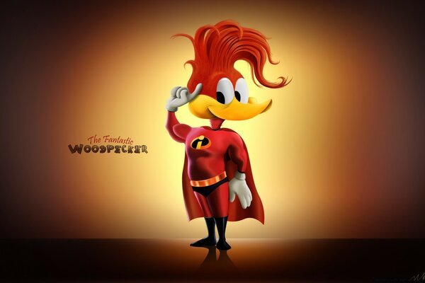 Woody the woodpecker in a superhero costume on a black background