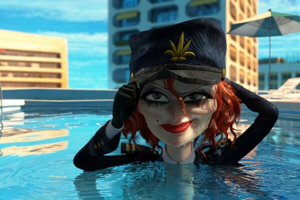 Personagem de desenho animado ruiva bandido na piscina. Menina ruiva em um boné