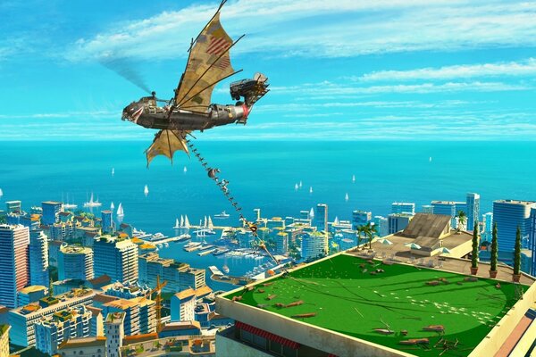 Freeze frame from the video game flying vehicle