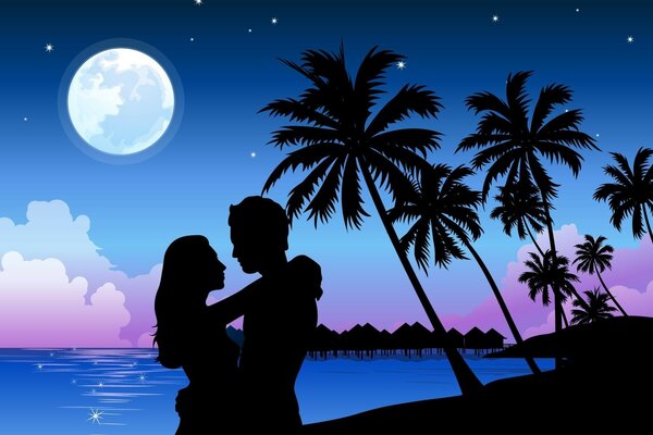 Romantic meeting on the ocean shore under the moon