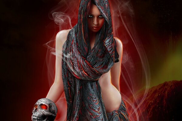 A female sorceress with a skull in a ruck