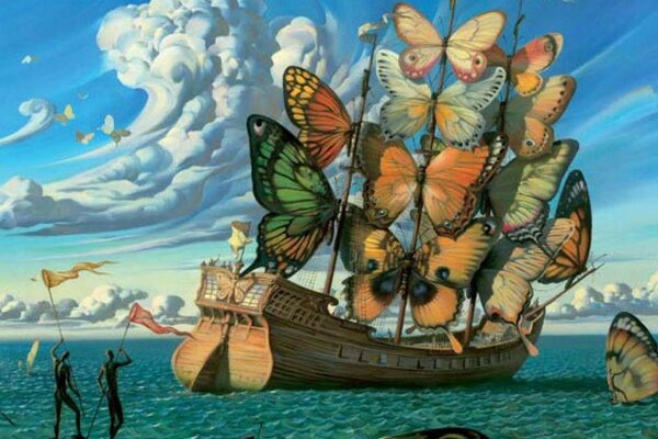 Un bateau avec une voile de papillons. Peinture