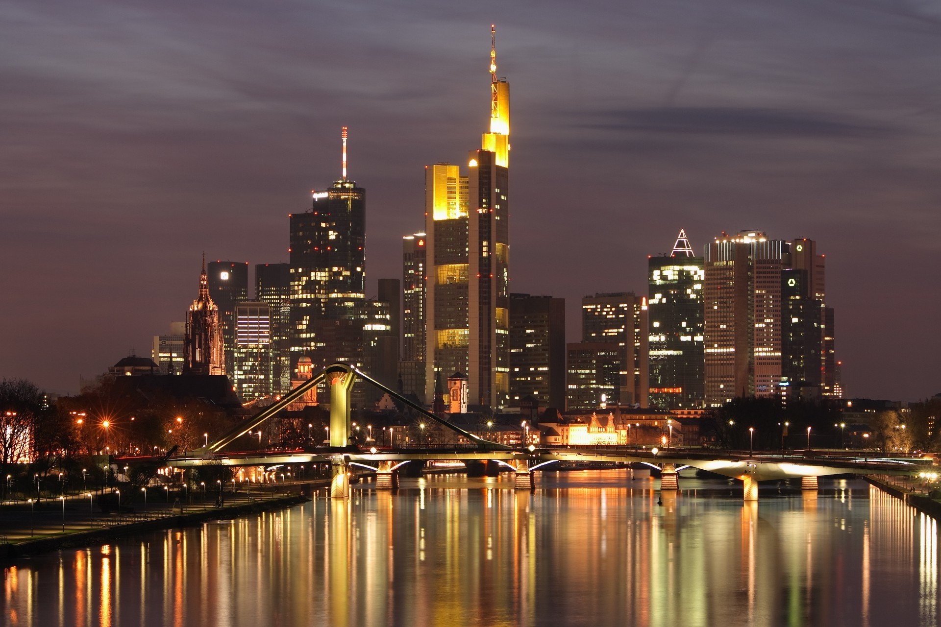 skyscrapers city architecture river bridge water dusk travel cityscape skyline sunset reflection building skyscraper sky evening downtown urban waterfront modern