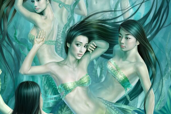 Ragazze alla moda della sirena sott acqua